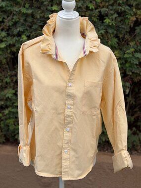 Upcycled Butter Yellow Ruffle Collar Oxford Blouse | Women’s XL